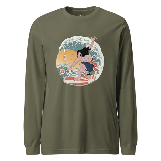 Samurai Surfing 2 Water Sport Ukiyo-e Unisex Unisex Long Sleeve Tee Military Green - Samurai Original
