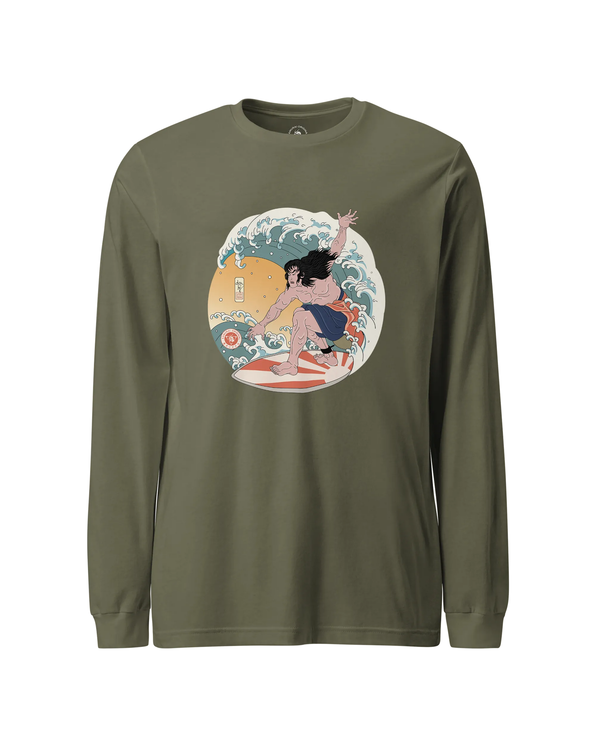 Samurai Surfing 2 Water Sport Ukiyo-e Unisex Unisex Long Sleeve Tee Military Green - Samurai Original