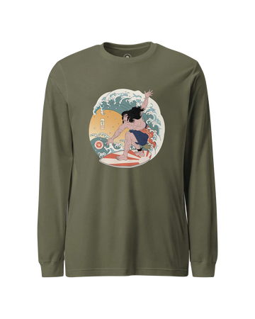 Samurai Surfing 2 Water Sport Ukiyo-e Unisex Unisex Long Sleeve Tee Military Green - Samurai Original