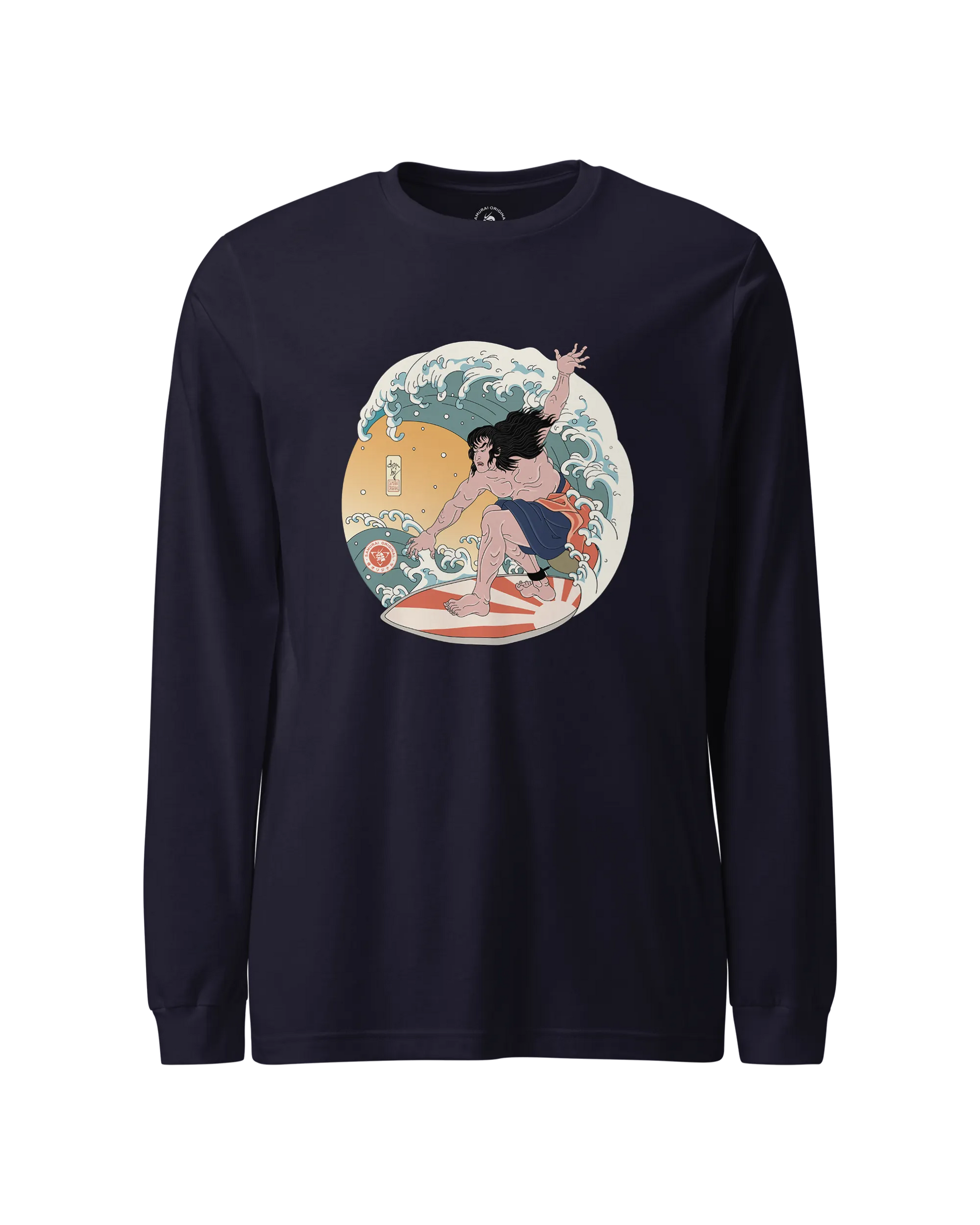 Samurai Surfing 2 Water Sport Ukiyo-e Unisex Unisex Long Sleeve Tee Navy - Samurai Original