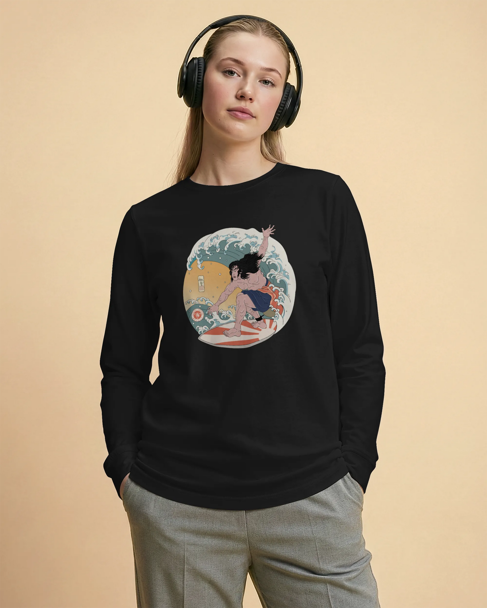 Samurai Surfing 2 Water Sport Ukiyo-e Unisex Unisex Long Sleeve Tee - Samurai Original