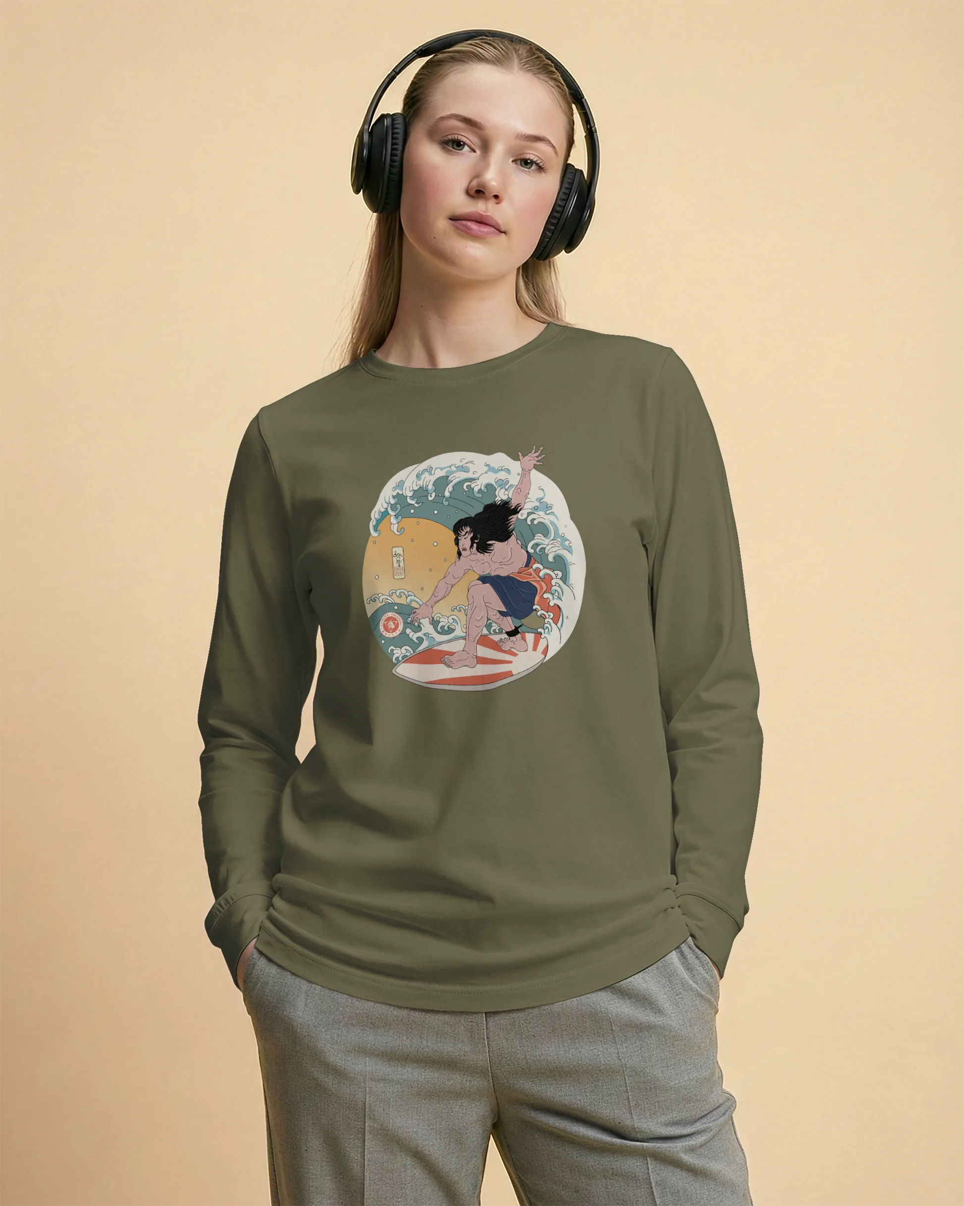 Samurai Surfing 2 Water Sport Ukiyo-e Unisex Unisex Long Sleeve Tee - Samurai Original