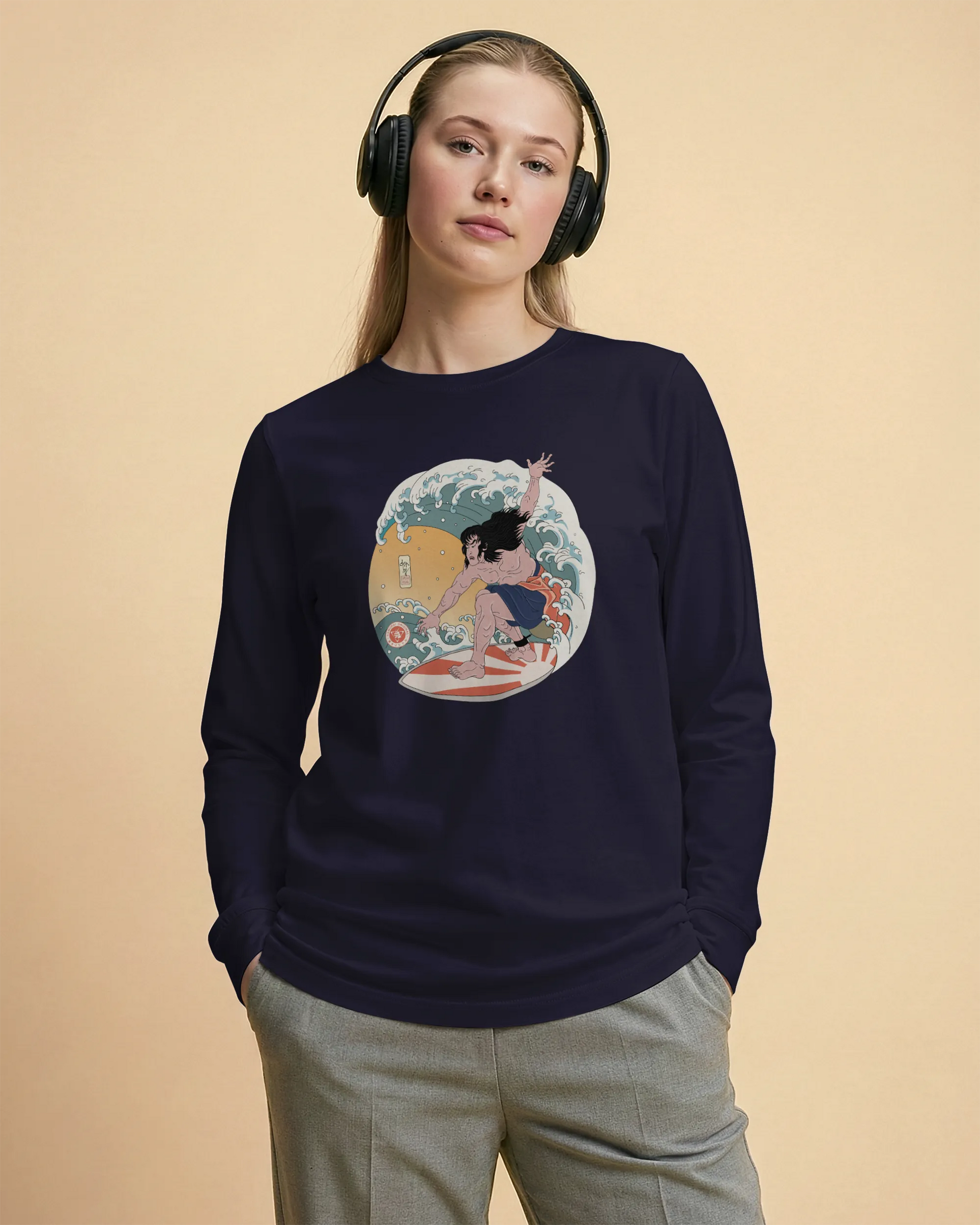 Samurai Surfing 2 Water Sport Ukiyo-e Unisex Unisex Long Sleeve Tee - Samurai Original