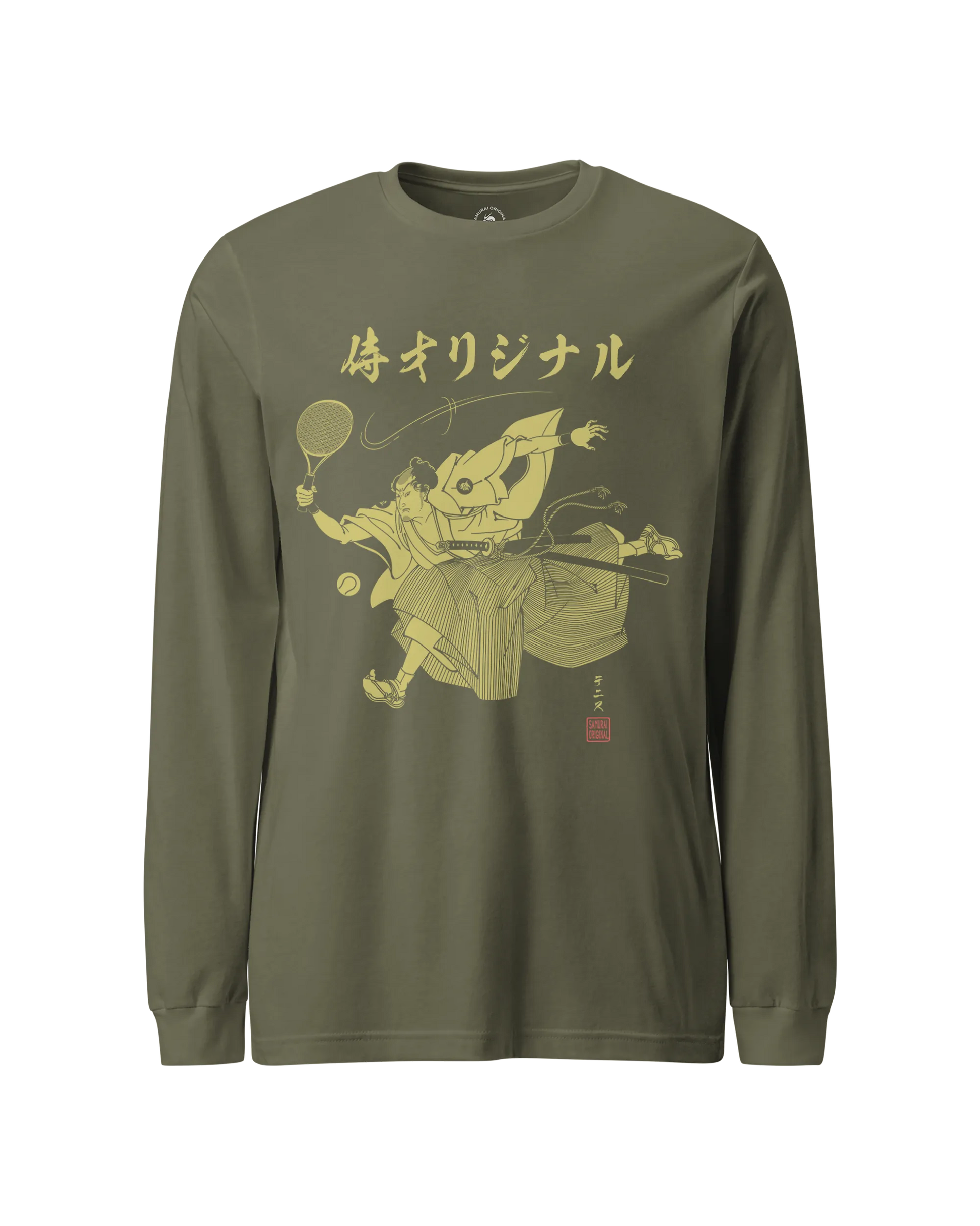 Samurai Tennis Japanese Ukiyo-e Unisex Long Sleeve Tee No.3 Military Green - Samurai Original
