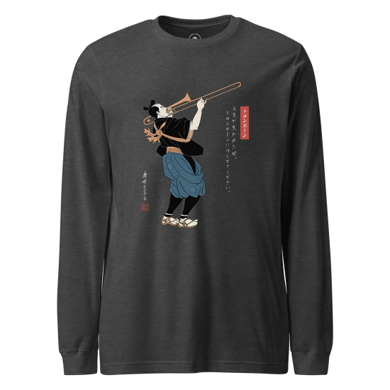 Samurai Trombone Japanese Ukiyo-e Unisex Long Sleeve Tee No.2 Dark Grey Heather - Samurai Original
