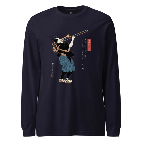 Samurai Trombone Japanese Ukiyo-e Unisex Long Sleeve Tee No.2 Navy - Samurai Original