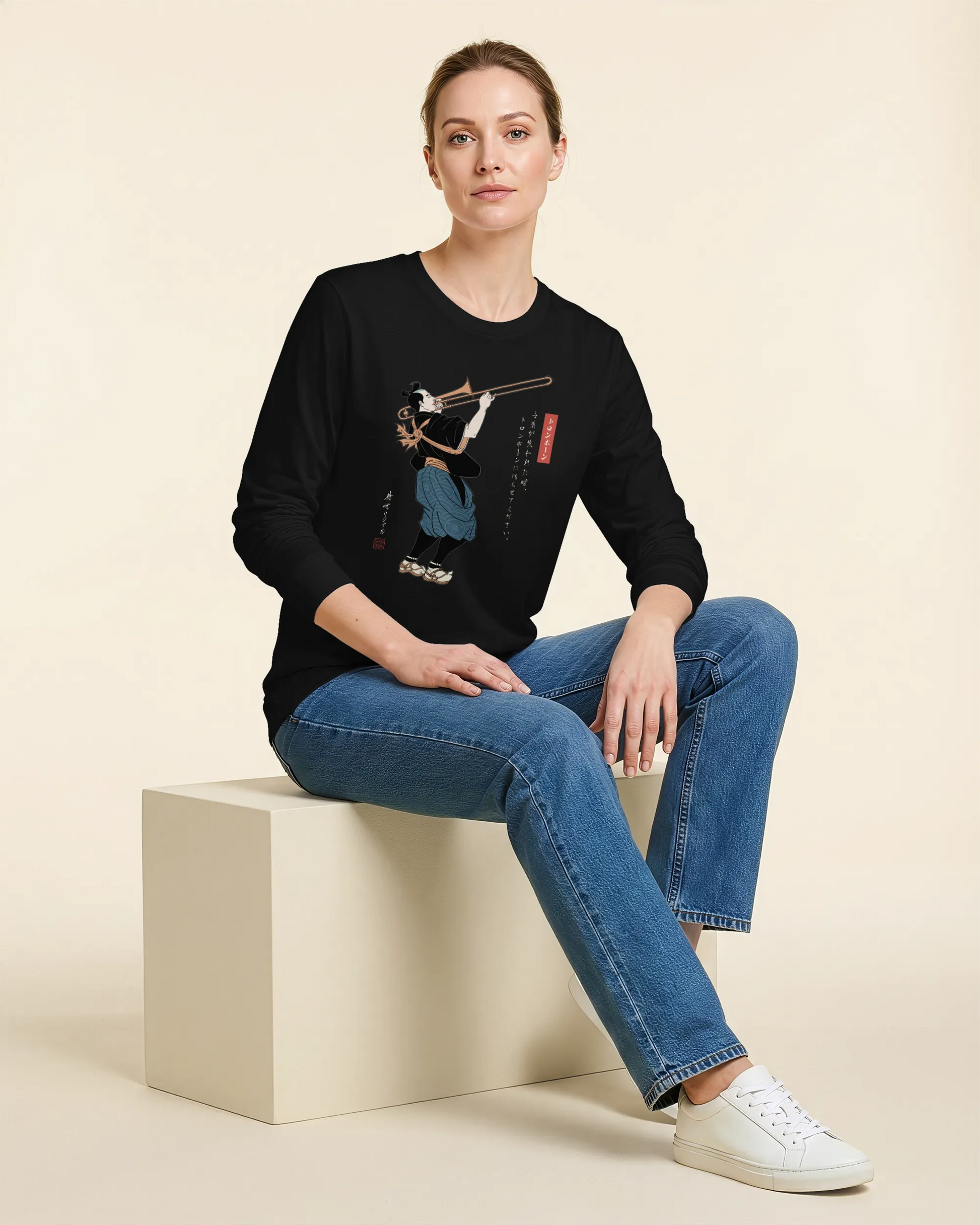 Samurai Trombone Japanese Ukiyo-e Unisex Long Sleeve Tee No.2 - Samurai Original