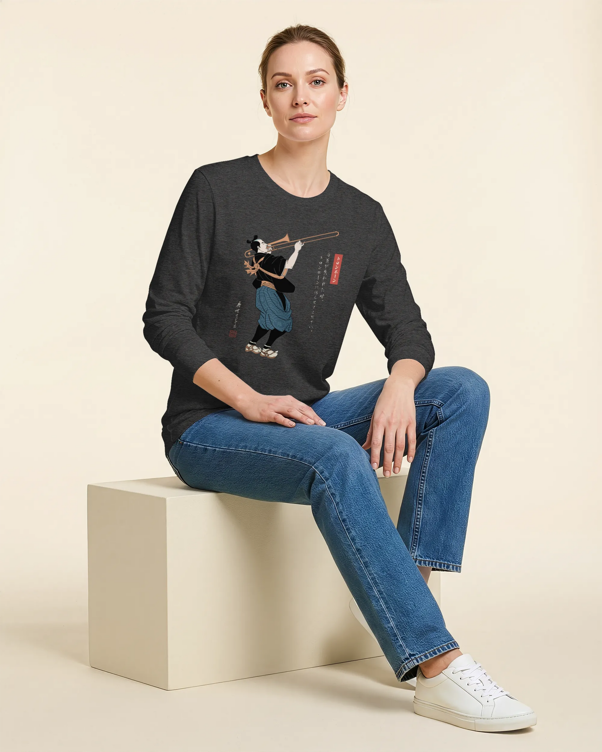Samurai Trombone Japanese Ukiyo-e Unisex Long Sleeve Tee No.2 - Samurai Original