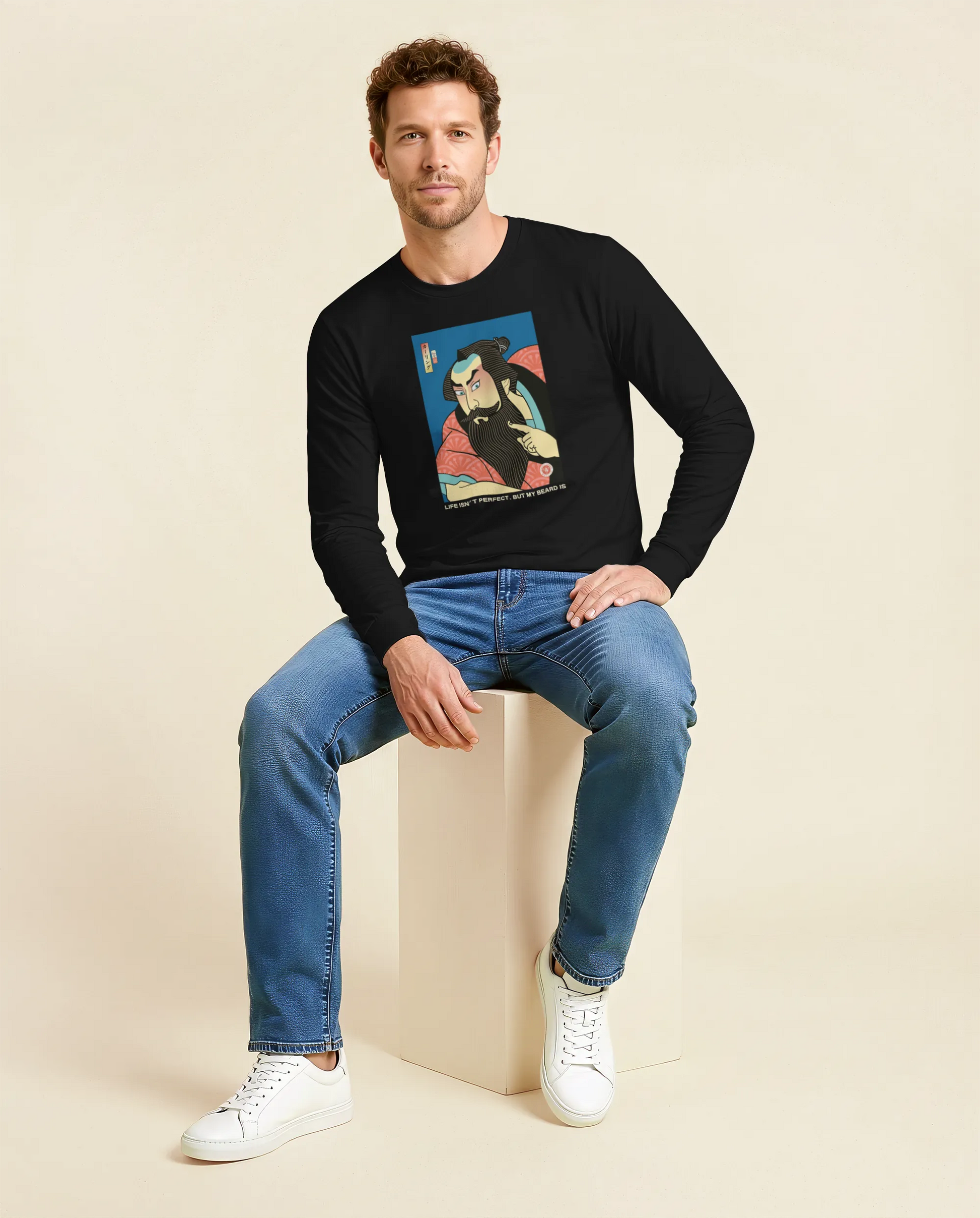 Samurai & Beard Japanese Ukiyo-e Unisex Long Sleeve Tee - Samurai Original