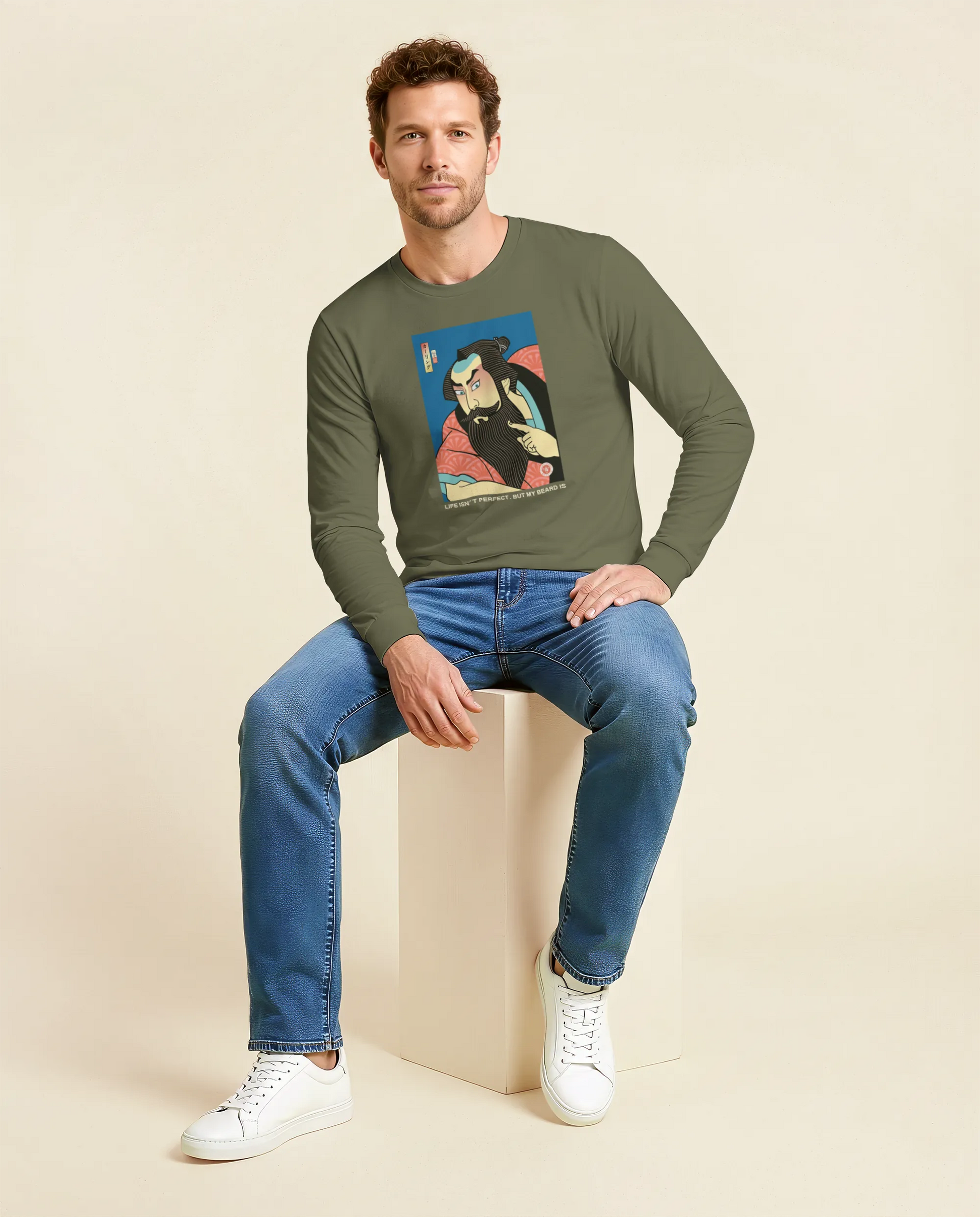 Samurai & Beard Japanese Ukiyo-e Unisex Long Sleeve Tee - Samurai Original