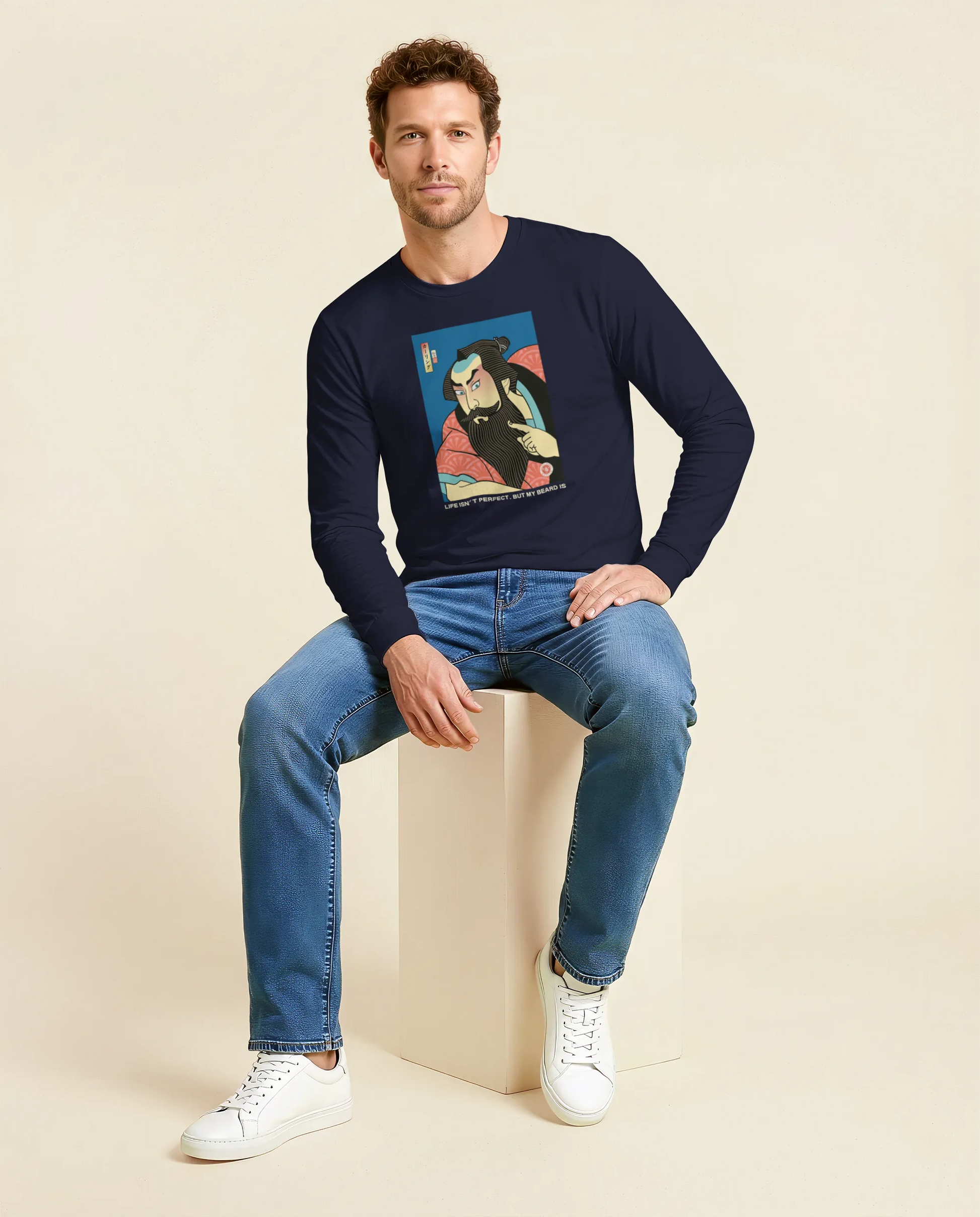 Samurai & Beard Japanese Ukiyo-e Unisex Long Sleeve Tee - Samurai Original