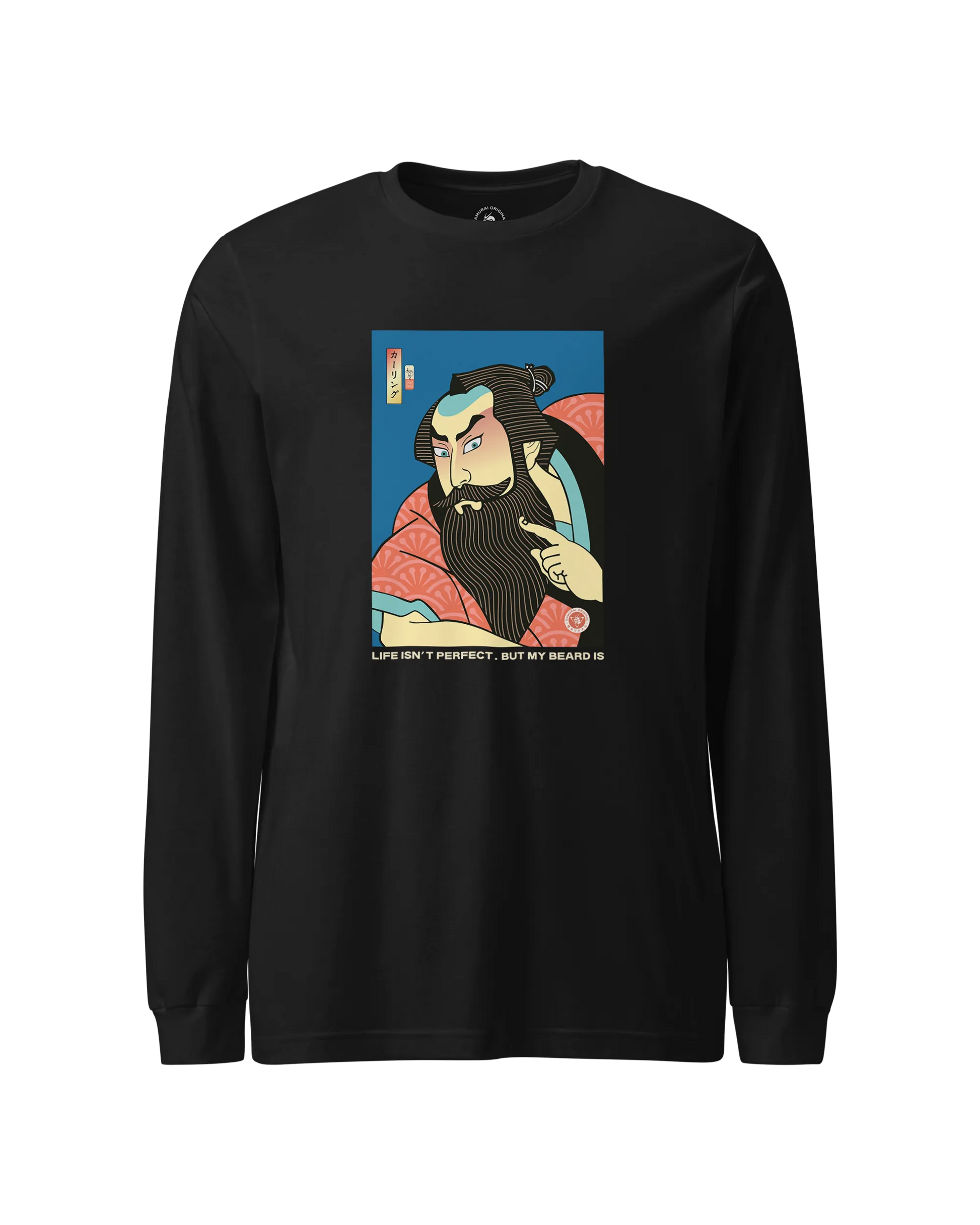 Samurai & Beard Japanese Ukiyo-e Unisex Long Sleeve Tee Black - Samurai Original