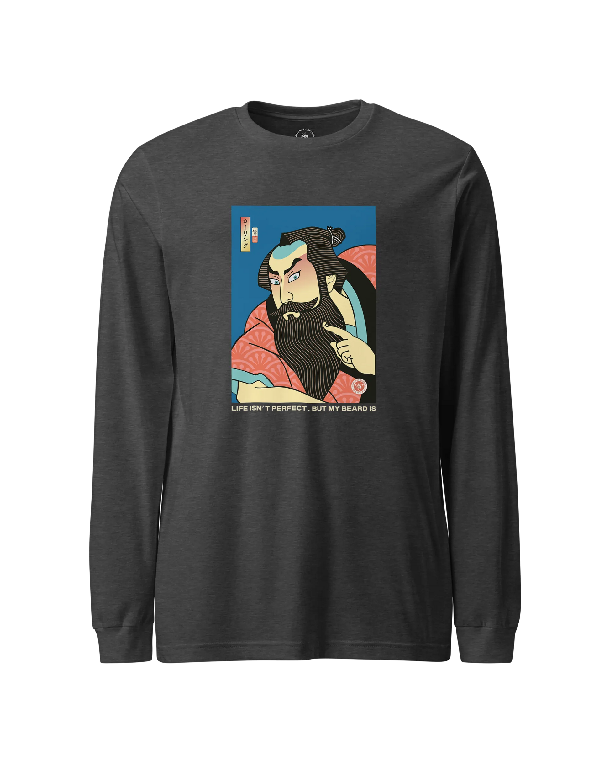 Samurai & Beard Japanese Ukiyo-e Unisex Long Sleeve Tee Dark Grey Heather - Samurai Original