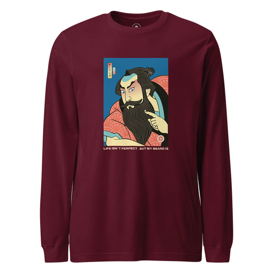 Samurai & Beard Japanese Ukiyo-e Unisex Long Sleeve Tee Maroon - Samurai Original