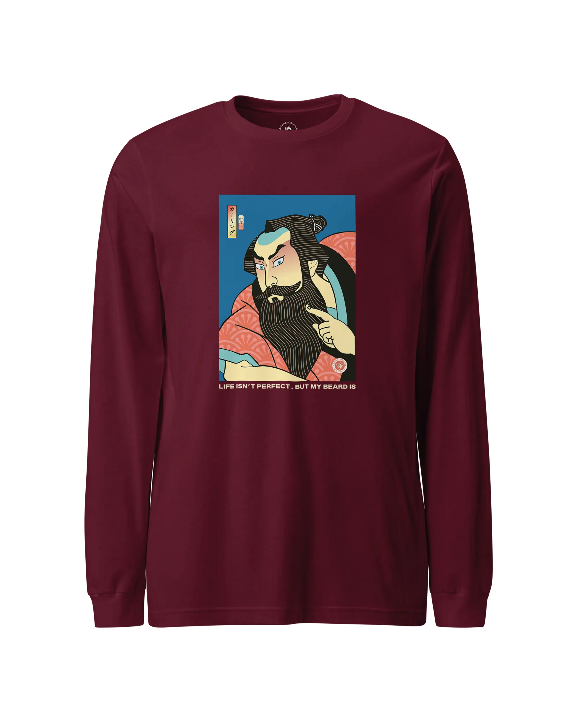 Samurai & Beard Japanese Ukiyo-e Unisex Long Sleeve Tee Maroon - Samurai Original