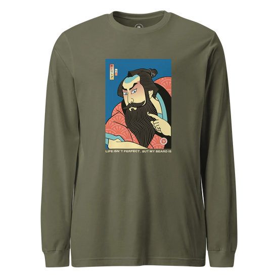 Samurai & Beard Japanese Ukiyo-e Unisex Long Sleeve Tee Military Green - Samurai Original