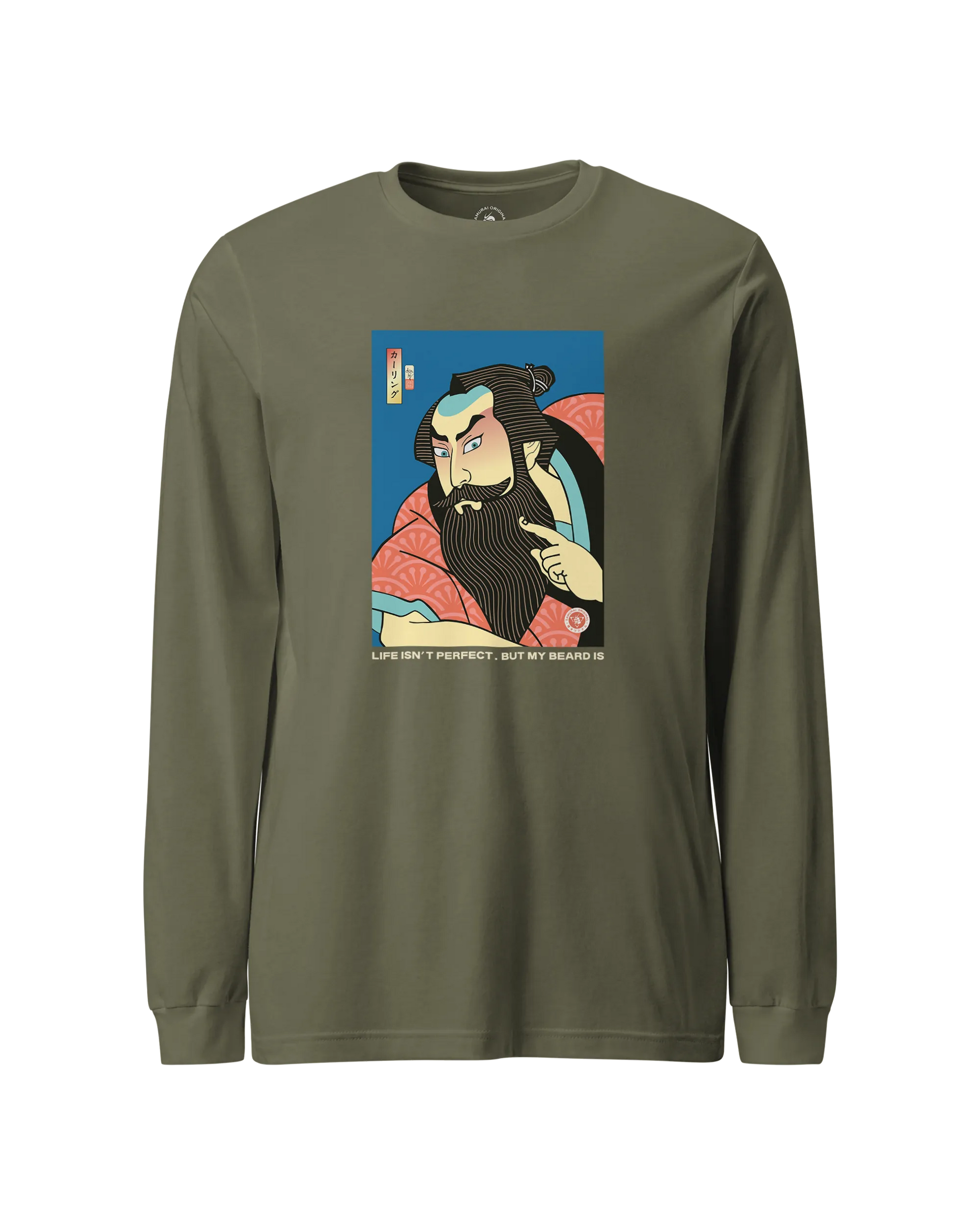 Samurai & Beard Japanese Ukiyo-e Unisex Long Sleeve Tee Military Green - Samurai Original