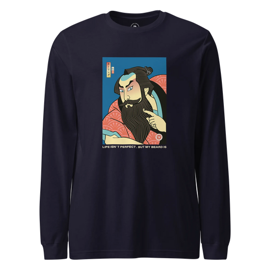 Samurai & Beard Japanese Ukiyo-e Unisex Long Sleeve Tee Navy - Samurai Original