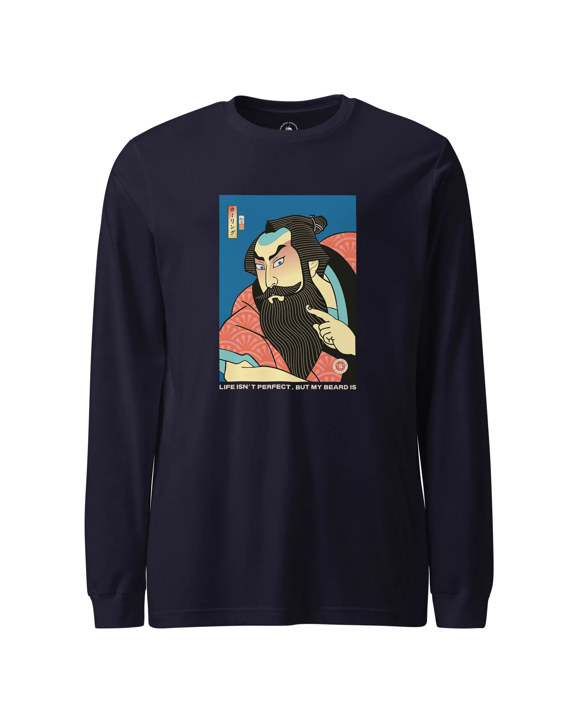 Samurai & Beard Japanese Ukiyo-e Unisex Long Sleeve Tee Navy - Samurai Original