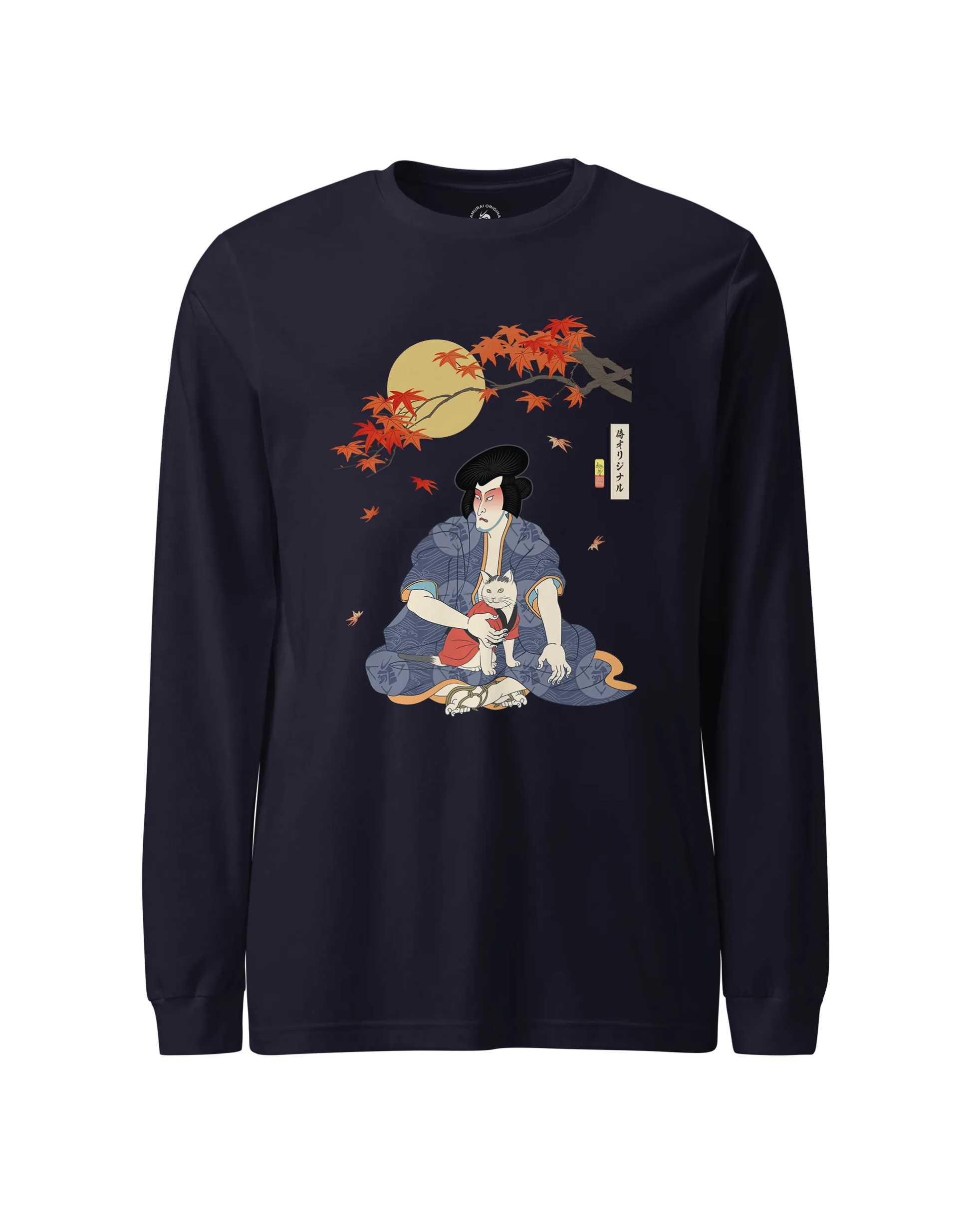 Samurai & Geisha Figure Skating Japanese Ukiyo-e Unisex Long Sleeve Tee Navy - Samurai Original