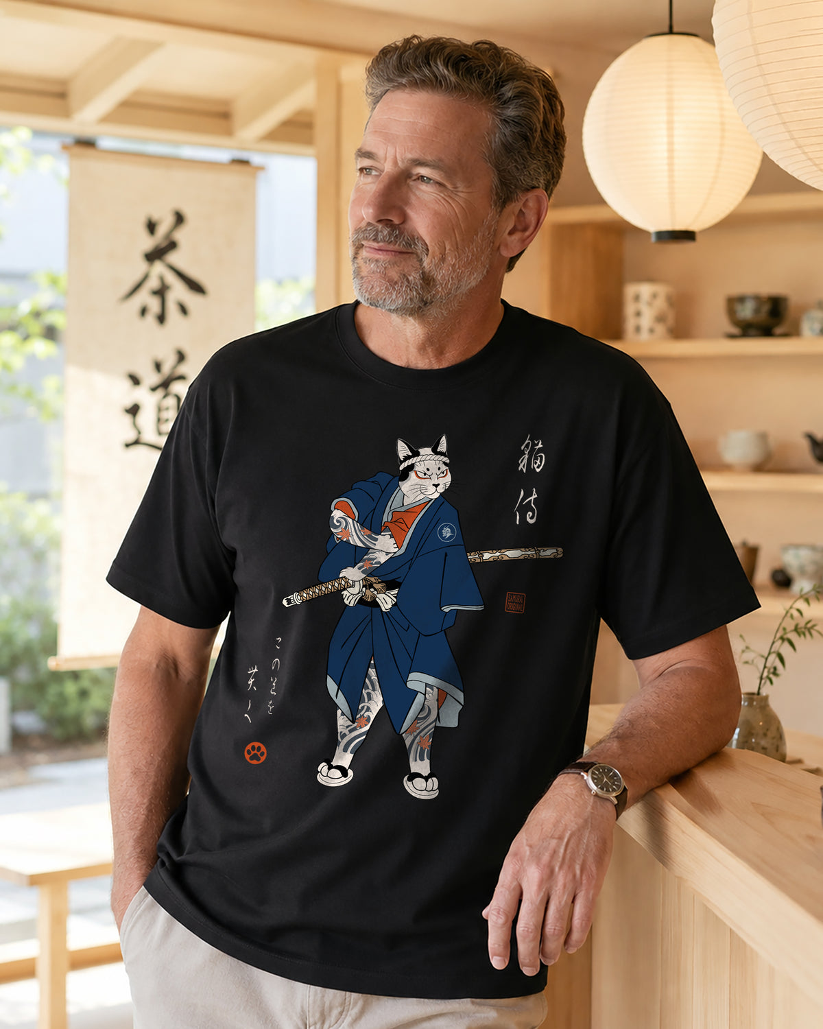 Samurai Cat Japanese Tattoo Organic T-Shirt - Samurai Original