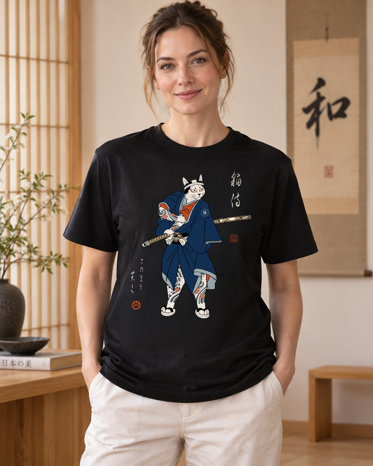 Samurai Cat Japanese Tattoo Organic T-Shirt - Samurai Original