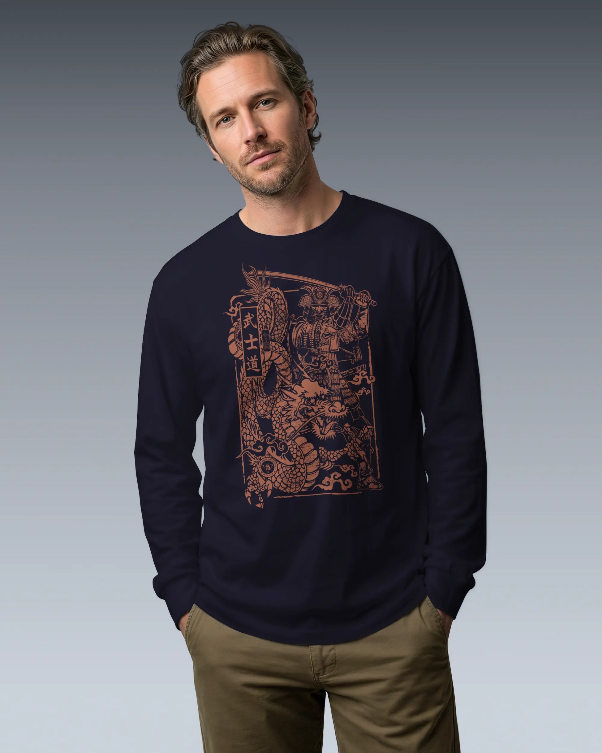 Samurai & Dragon Warrior Ukiyo-e Unisex Long Sleeve Tee - Samurai Original