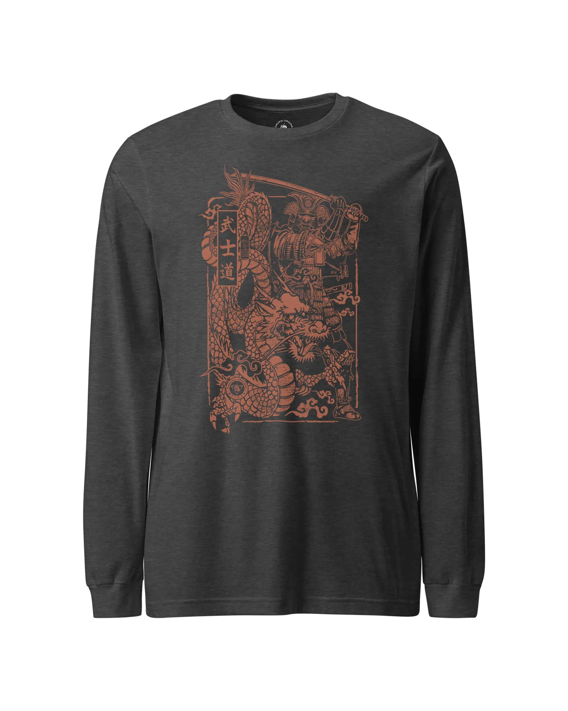 Samurai & Dragon Warrior Ukiyo-e Unisex Long Sleeve Tee Dark Grey Heather - Samurai Original