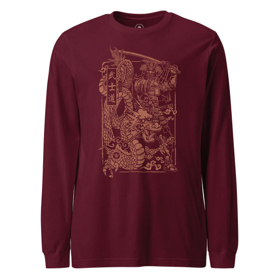 Samurai & Dragon Warrior Ukiyo-e Unisex Long Sleeve Tee Maroon - Samurai Original
