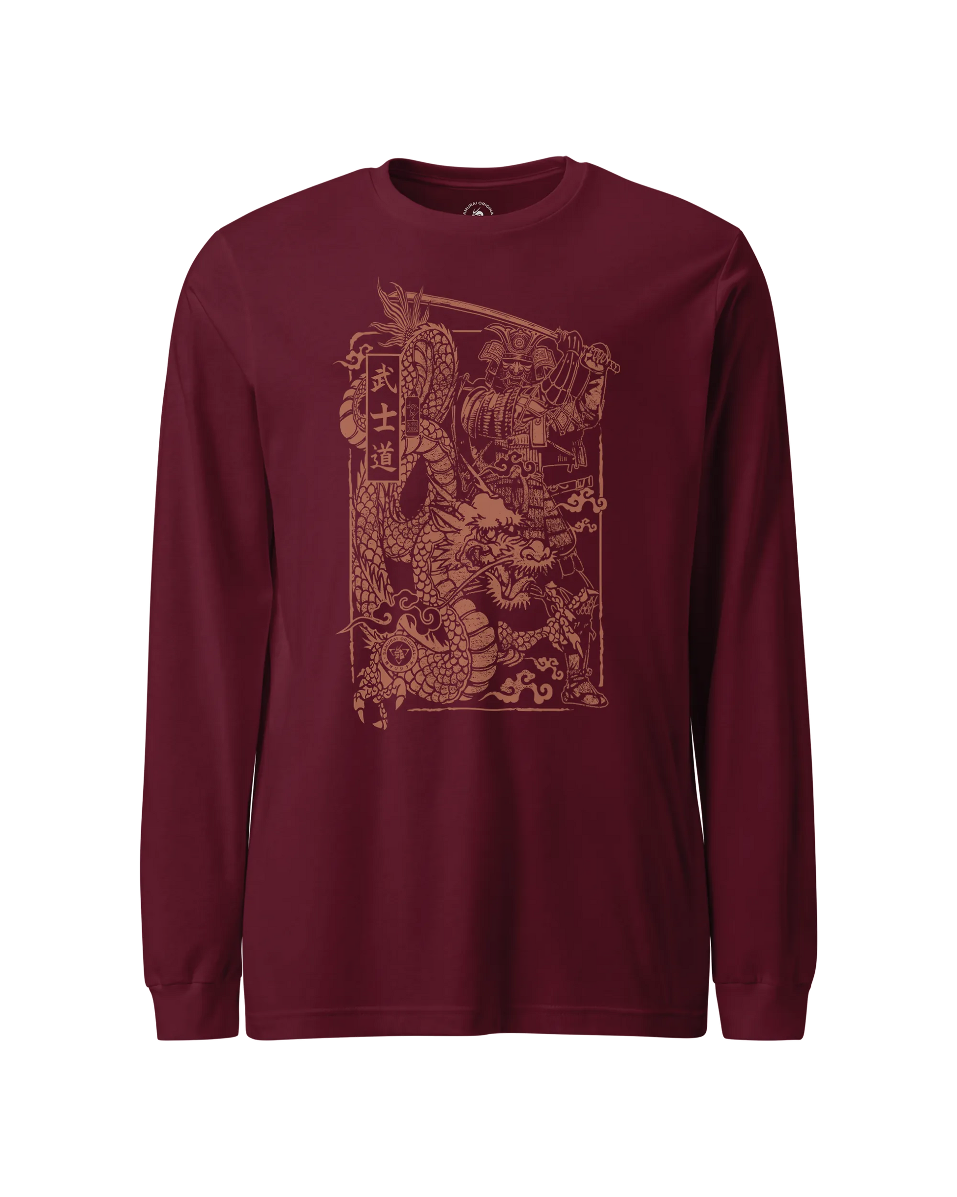 Samurai & Dragon Warrior Ukiyo-e Unisex Long Sleeve Tee Maroon - Samurai Original
