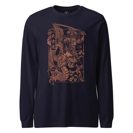 Samurai & Dragon Warrior Ukiyo-e Unisex Long Sleeve Tee Navy - Samurai Original