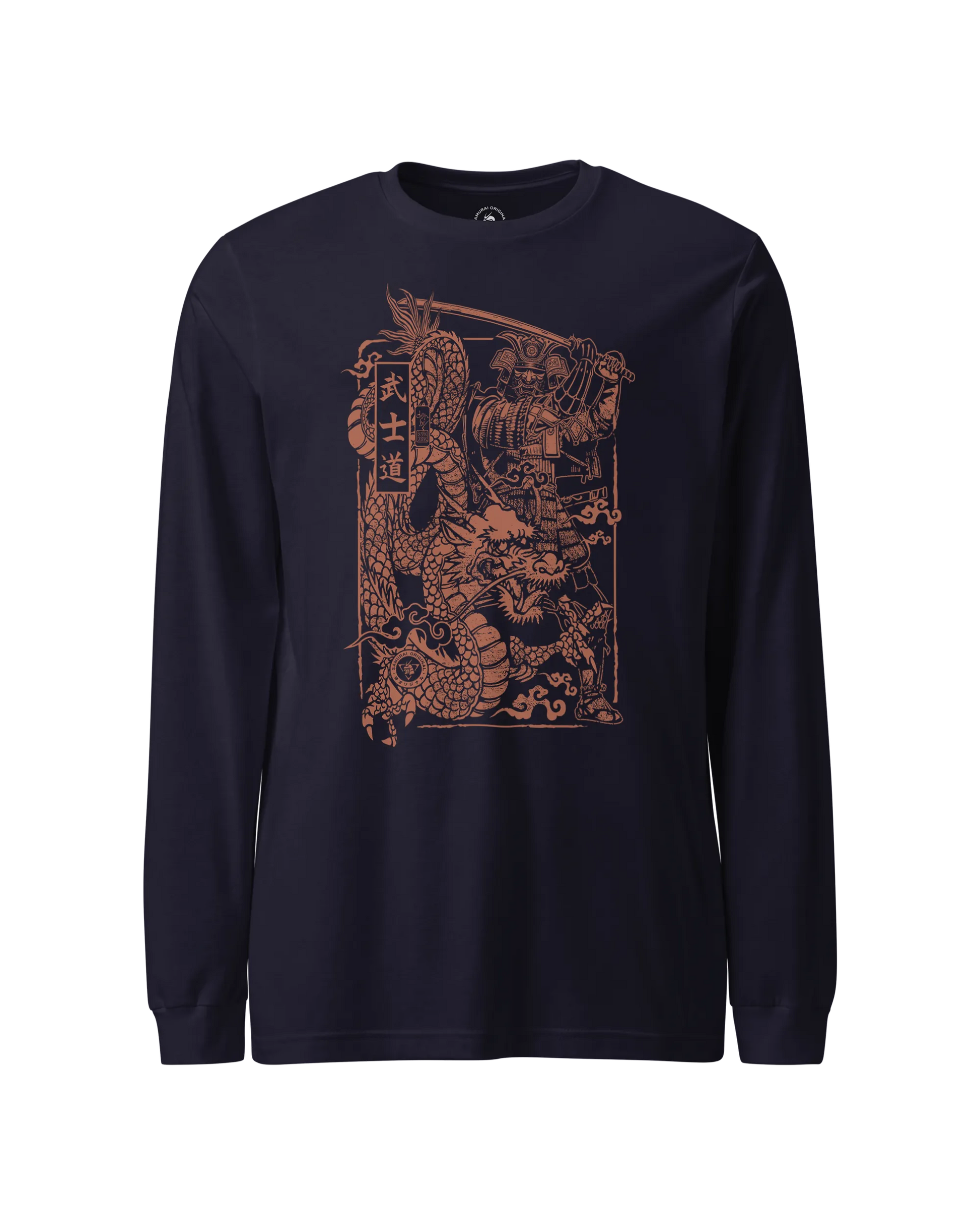 Samurai & Dragon Warrior Ukiyo-e Unisex Long Sleeve Tee Navy - Samurai Original