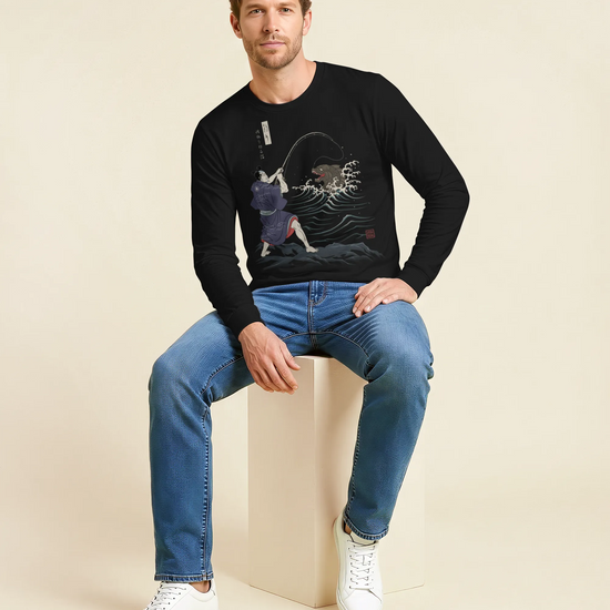 Samurai vs Sea Monste Japanese Ukiyo-e Unisex Long Sleeve Tee - Samurai Original