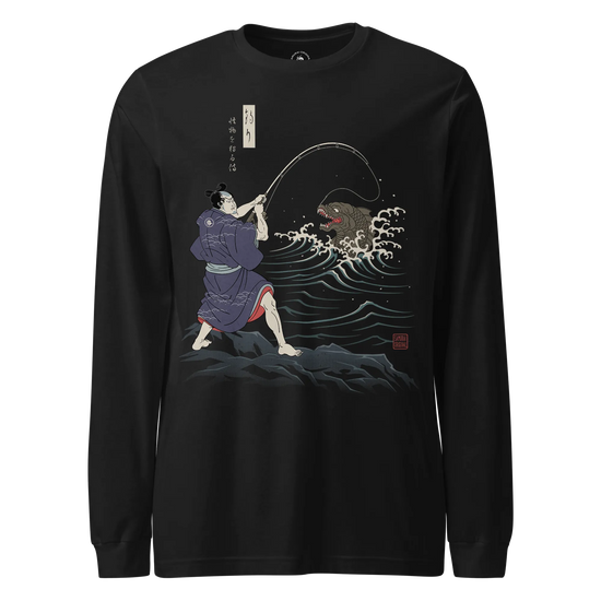 Samurai vs Sea Monste Japanese Ukiyo-e Unisex Long Sleeve Tee Black - Samurai Original