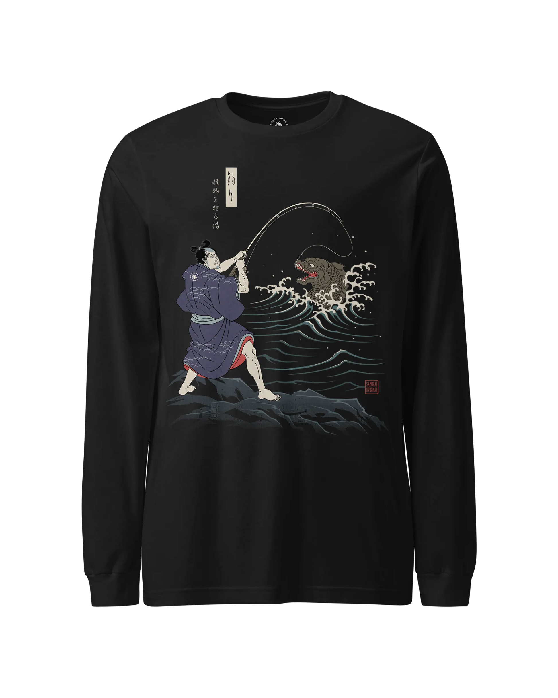 Samurai vs Sea Monste Japanese Ukiyo-e Unisex Long Sleeve Tee Black - Samurai Original