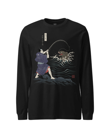 Samurai vs Sea Monste Japanese Ukiyo-e Unisex Long Sleeve Tee Black - Samurai Original