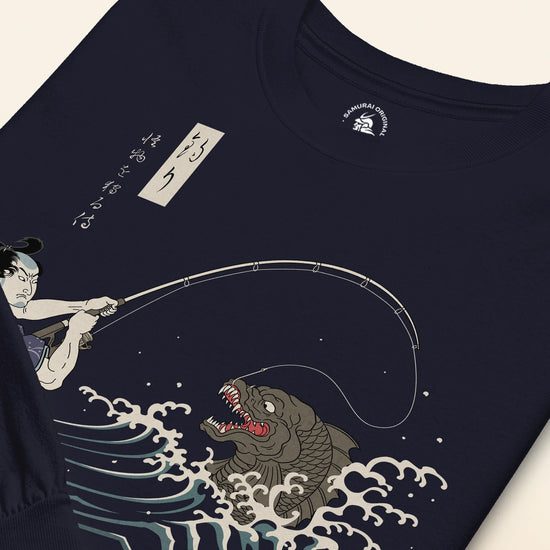 Samurai vs Sea Monste Japanese Ukiyo-e Unisex Long Sleeve Tee - Samurai Original