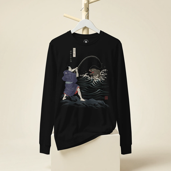 Samurai vs Sea Monste Japanese Ukiyo-e Unisex Long Sleeve Tee - Samurai Original