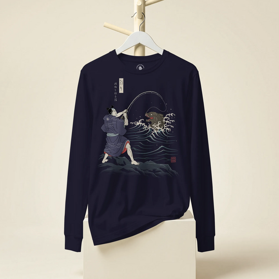 Samurai vs Sea Monste Japanese Ukiyo-e Unisex Long Sleeve Tee - Samurai Original