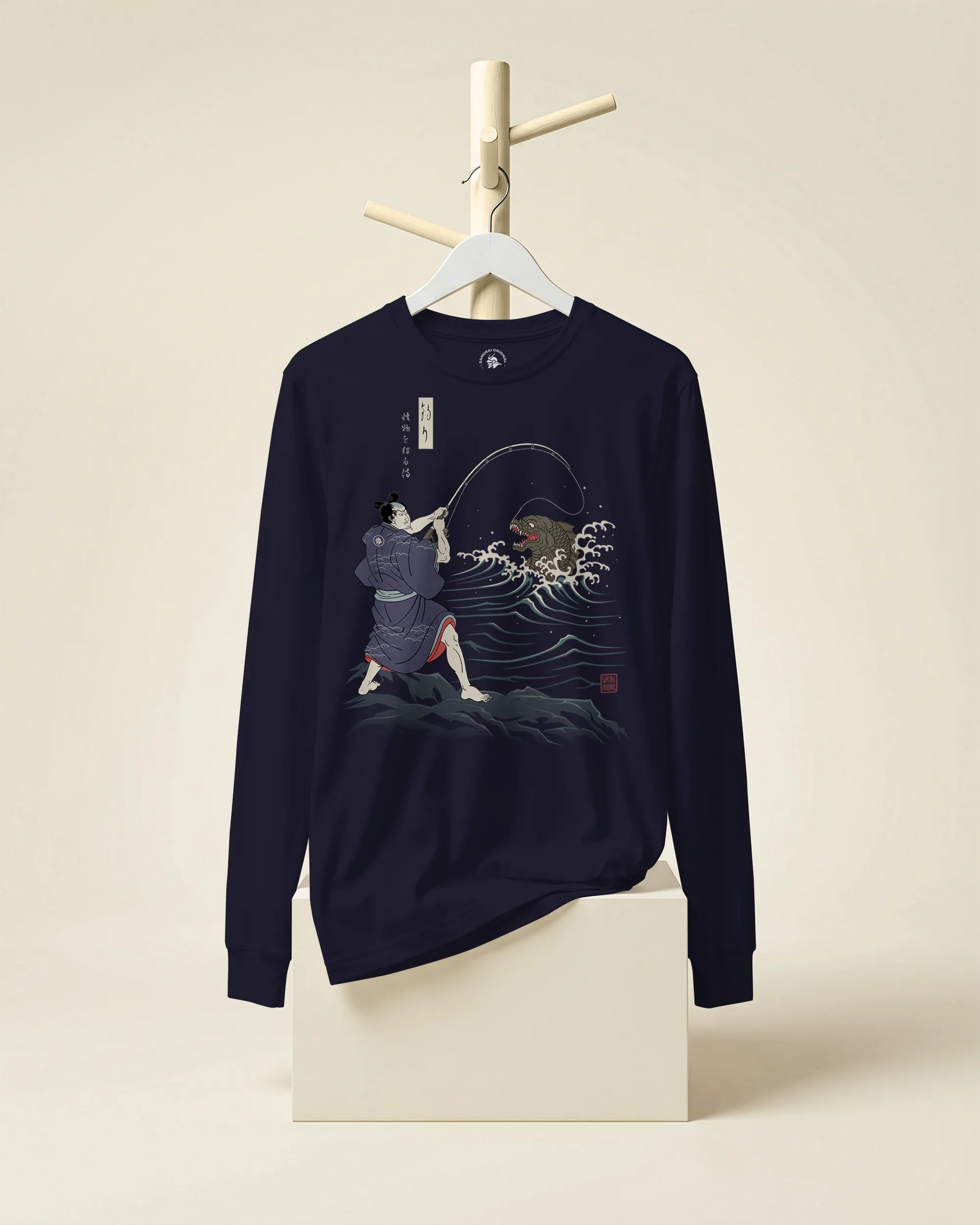 Samurai vs Sea Monste Japanese Ukiyo-e Unisex Long Sleeve Tee - Samurai Original