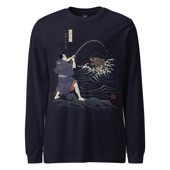 Samurai vs Sea Monste Japanese Ukiyo-e Unisex Long Sleeve Tee Navy - Samurai Original