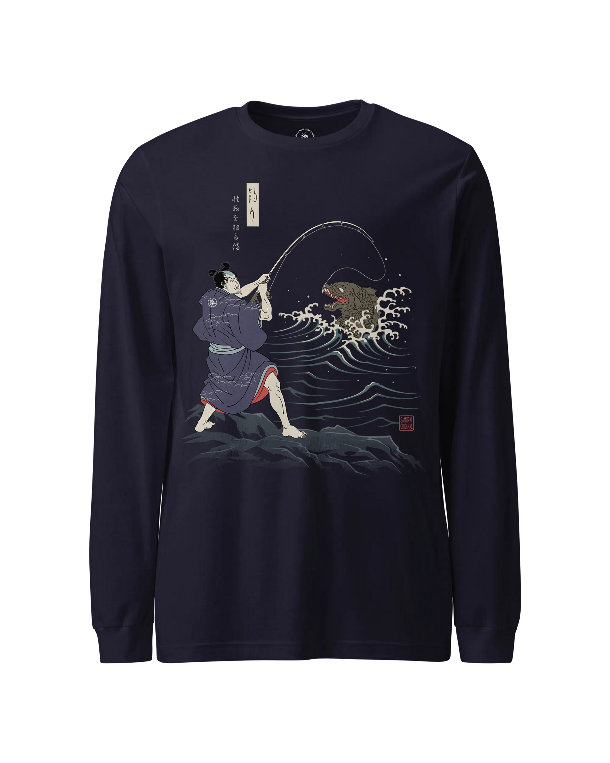 Samurai vs Sea Monste Japanese Ukiyo-e Unisex Long Sleeve Tee Navy - Samurai Original