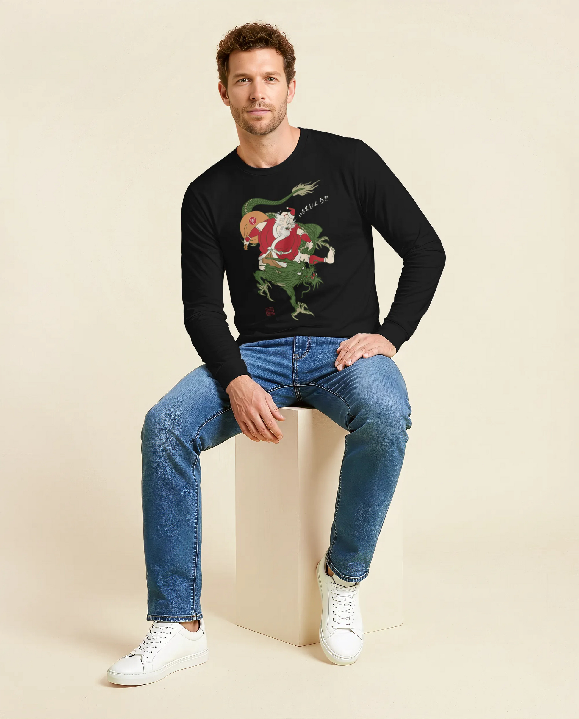 Santa Rides Dragon Japanese Ukiyo-e Unisex Long Sleeve Tee - Samurai Original