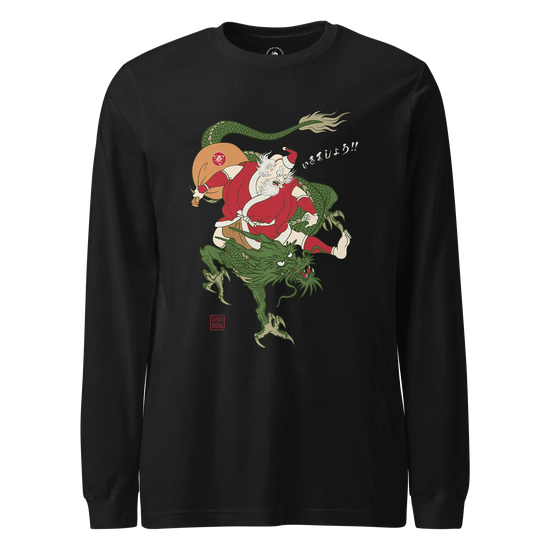 Santa Rides Dragon Japanese Ukiyo-e Unisex Long Sleeve Tee Black - Samurai Original