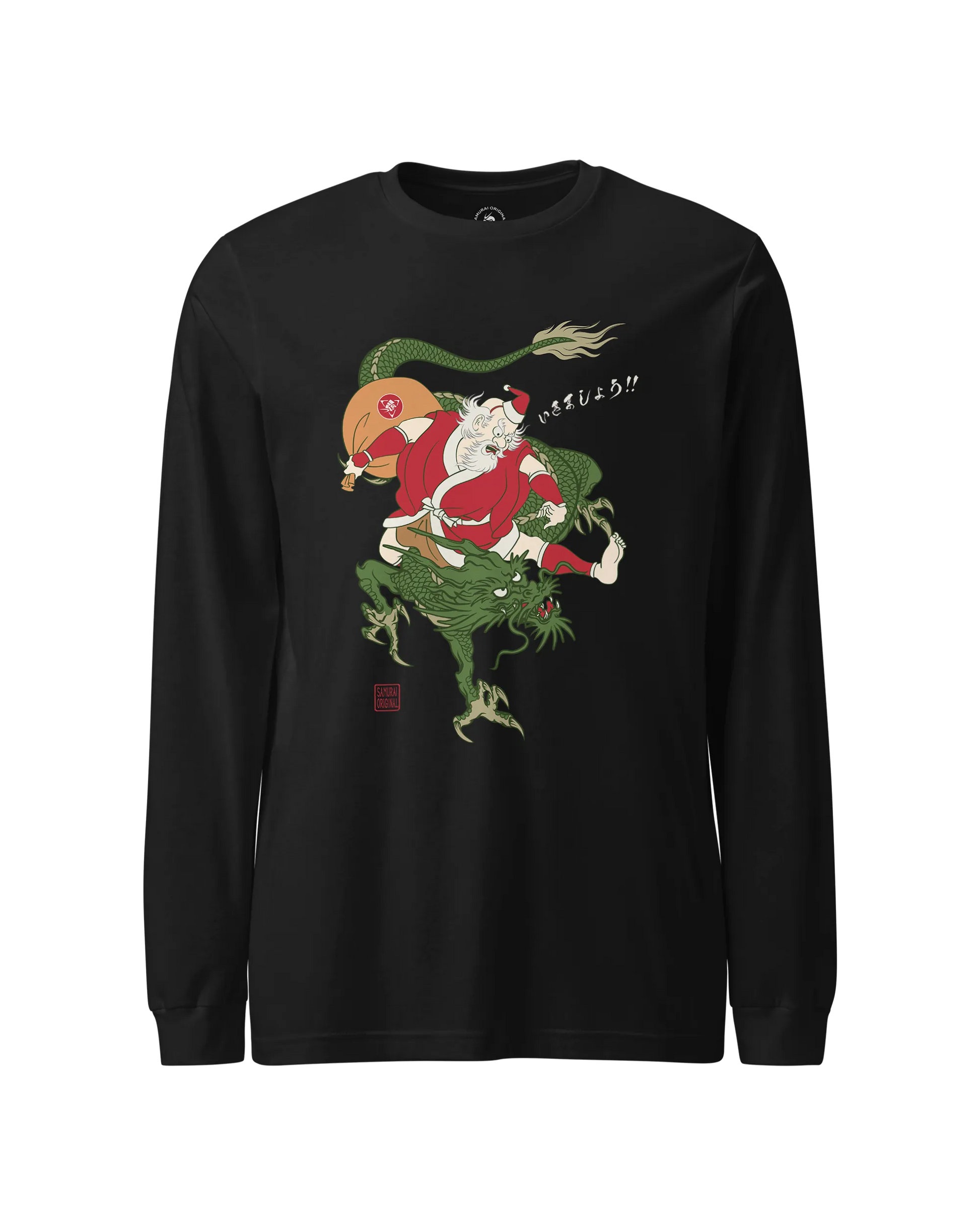 Santa Rides Dragon Japanese Ukiyo-e Unisex Long Sleeve Tee Black - Samurai Original