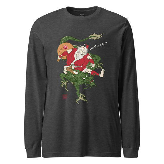 Santa Rides Dragon Japanese Ukiyo-e Unisex Long Sleeve Tee Dark Grey Heather - Samurai Original