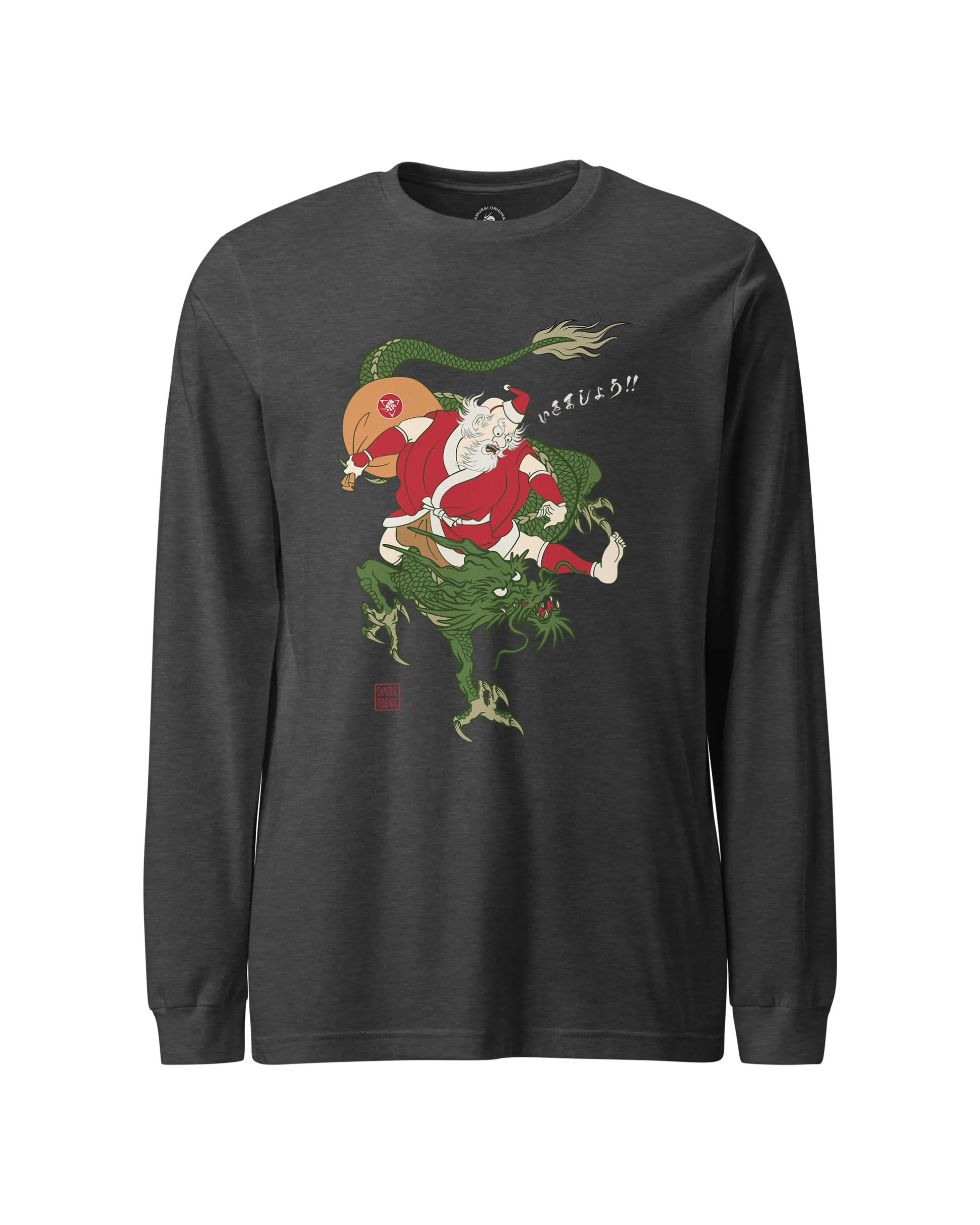 Santa Rides Dragon Japanese Ukiyo-e Unisex Long Sleeve Tee Dark Grey Heather - Samurai Original