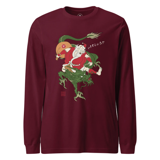Santa Rides Dragon Japanese Ukiyo-e Unisex Long Sleeve Tee Maroon - Samurai Original