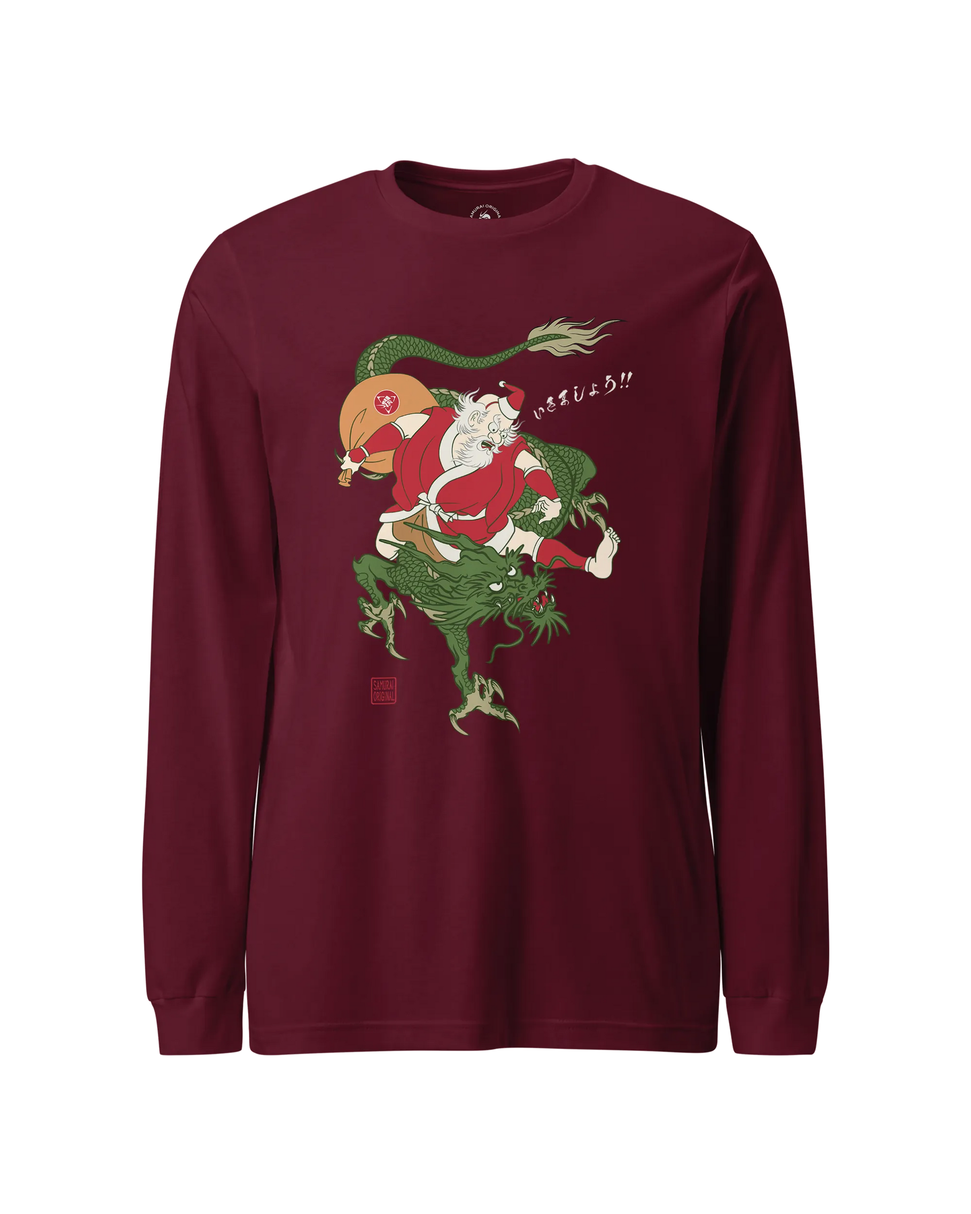 Santa Rides Dragon Japanese Ukiyo-e Unisex Long Sleeve Tee Maroon - Samurai Original