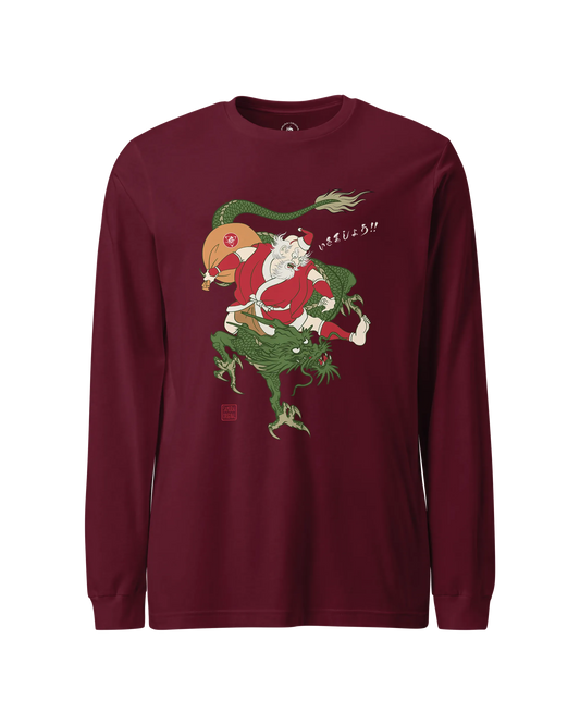 Santa Rides Dragon Japanese Ukiyo-e Unisex Long Sleeve Tee Maroon - Samurai Original